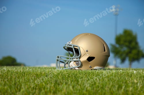 Preview: Low angle view of football helmet on grass field