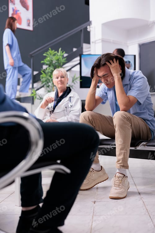 Preview: Exhausted tired patient having medical appointment waiting for specialist to come and discuss