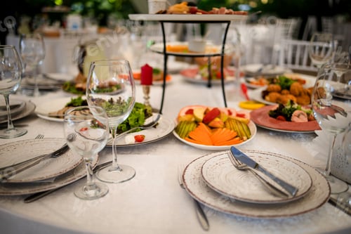Preview: Luxury table setting for wedding or another catered event dinner.