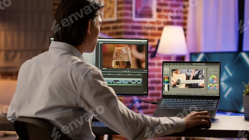 Preview: Asian videographer editing multimedia film footage on pc