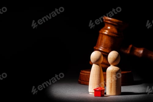 Preview: Divorse property division concept. Wooden family with house and judge gavel