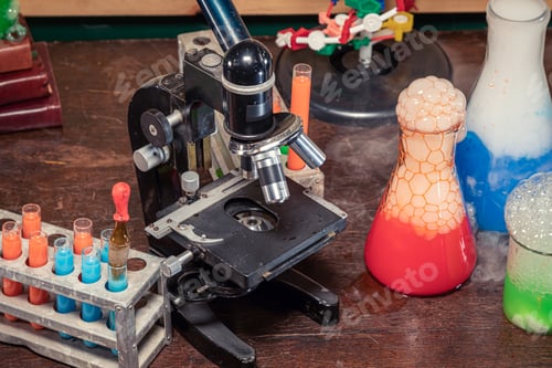 Preview: Chemical tests in school lab with DNA model.