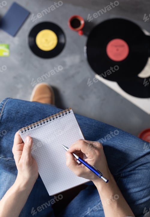 Preview: Men's hand writing by pen or pencil and holding notebook at leg in jeans. Study art life style