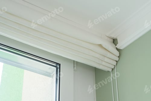 Preview: Roman curtains in the interior. From natural light linen, with decorative braid