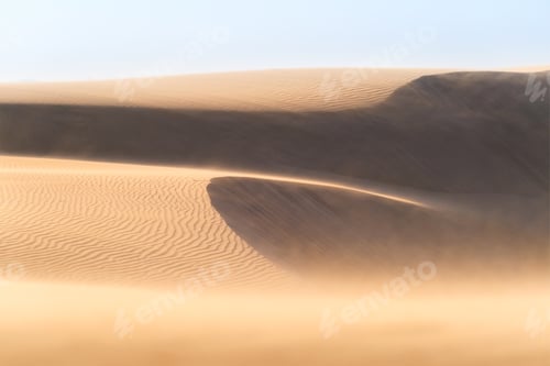 Preview: The sand dunes during sunset and strong wind. Summer landscape in the desert.