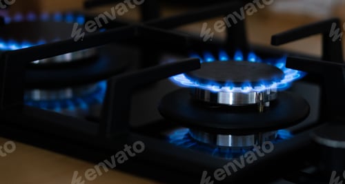 Preview: kitchen gas cooker with burning fire propane gas