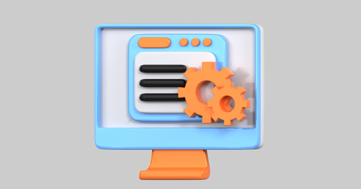 Configuration monitor with gears 3D, Incl. computer & interface - Envato