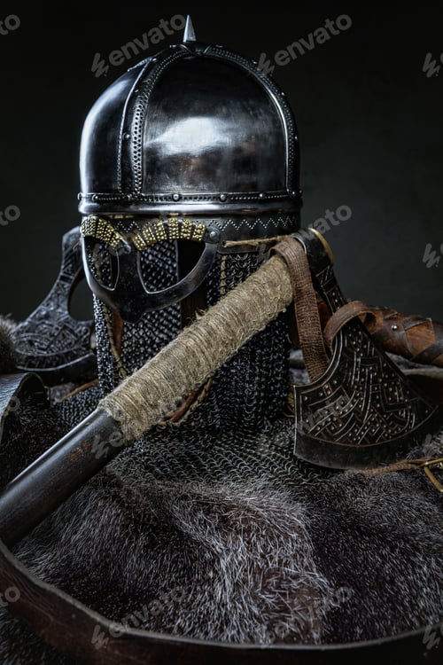 Preview: Ancient warrior equipment and weapon against dark background