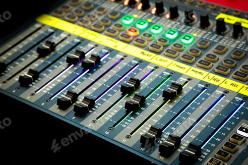 Preview: Sliders and buttons on Audio Mixing Desk at live event
