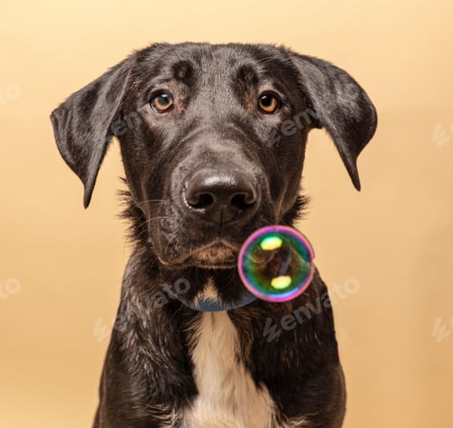 Preview: Close-up portrait of a black dog with a bubble in front of its nose against a beige background