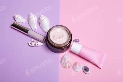 Preview: Beauty background with facial cosmetic products with empty copy space. Makeup, skin care concept