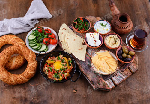 Preview: Traditional Turkish breakfast with meze and simit