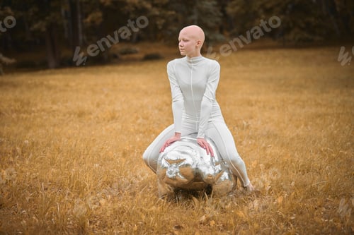 Preview: Young hairless girl with alopecia in white cloth sits on tardigrade figure in fall park