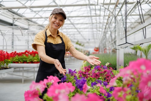 Preview: Friendly cheerful woman in a flower greenhouse