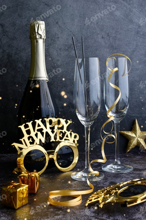 Preview: Champagne and New Year’s decorations on a counter