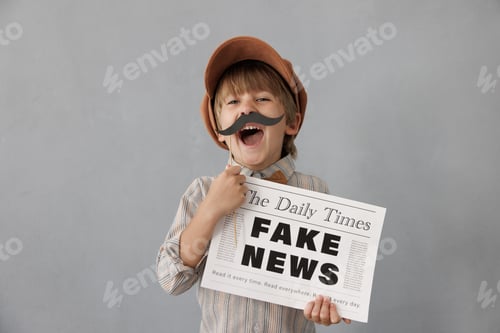 Preview: Newsboy shouting against grunge wall background. Boy selling fake news