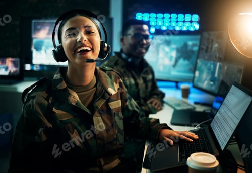 Preview: Army control room, computer and woman in smile, headset and tech communication. Security, global su