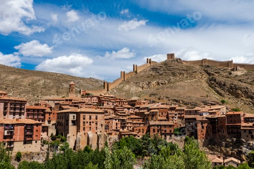 Preview: landscape showing the village of Albarracin with its wall and castle in Spain