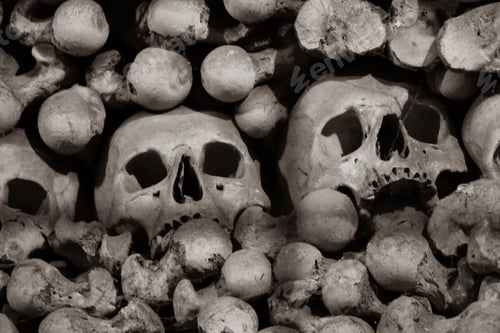 Preview: Real human skulls and bones in Sedlec Ossuary Catholic Chapel in Kutna Hora in the Czech Republic