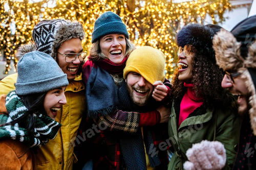 Preview: Multiethnic friends having fun together walking under Christmas tree decoration