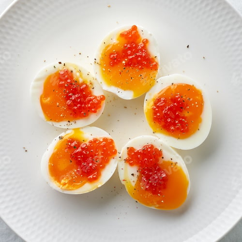 Preview: Macro close up of soft-boiled eggs, peeled and cut into two halves, and salmon caviar