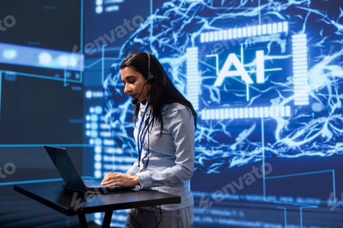 Preview: Technician in AI high tech workspace managing call center tasks