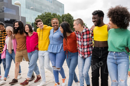 Preview: group of multiracial friends, diversity,walking around the city happy smiling