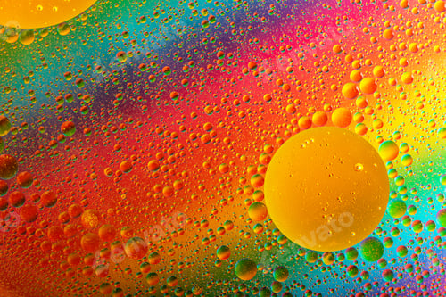 Preview: Macro photography of the multicolored round drops on the water surface. Molecule structure.