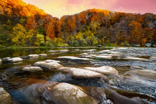 Preview: Stone bank against colorful trees growing on hills in autumn