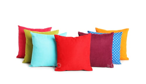 Preview: Different colorful decorative pillows on white background
