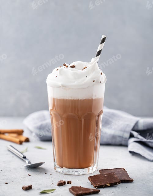 Preview: Hot chocolate with whipped cream and cinnamon in a tall glass on a blue background. Front view