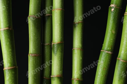 Preview: Wet green bamboo stems on black background, closeup