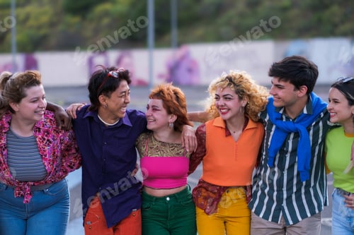 Preview: Group of diverse teenage making a video with old camera