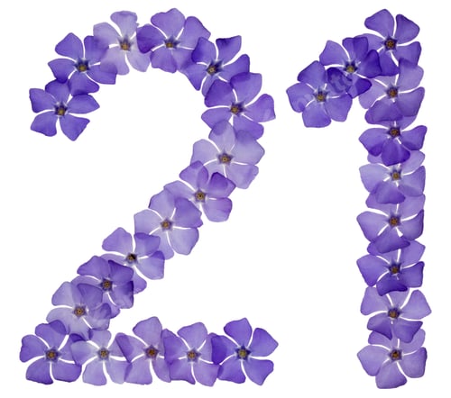 Preview: Numeral 21, twenty one, from natural blue flowers of periwinkle, isolated on white background