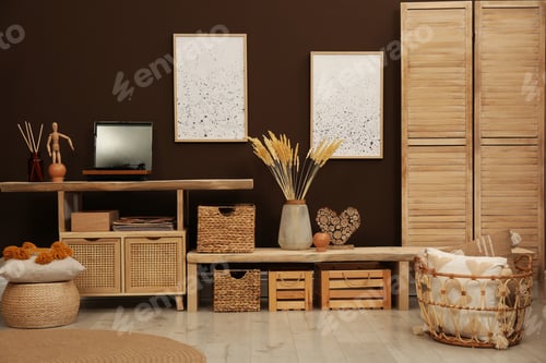 Preview: Trendy boho style furniture and decor in room. Interior design