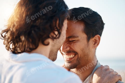 Preview: Love, sunshine and gay men on beach, embrace and laugh on summer vacation together in Thailand. Sun