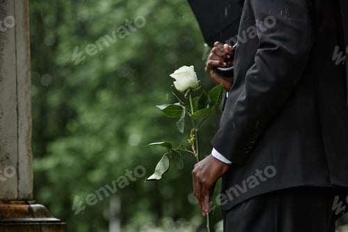 Preview: Black Man Holding White Rose before Placing Flower on Grave at Cemetery