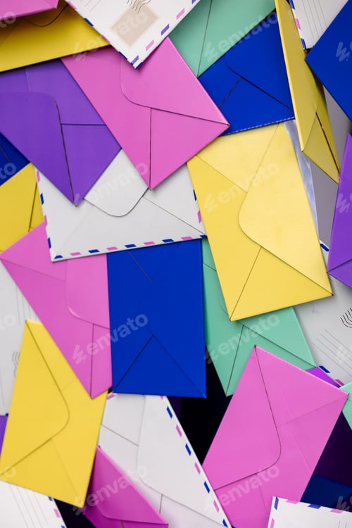 Preview: Colorful paper envelopes. Bright banner design, multicolored background