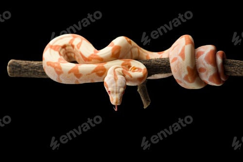 Preview: Snake red-tailed boa hanging on a branch isolated on black background