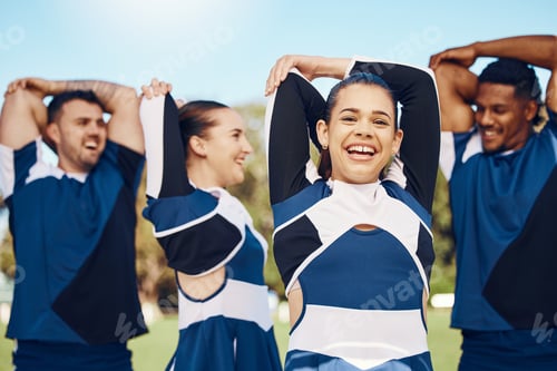 Preview: Cheerleader training or people in team stretching on a outdoor stadium field for fitness exercise.