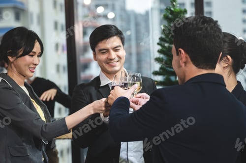 Preview: businessman and business partner person team in success, happy and fun in group celebration party