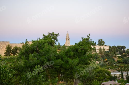 Preview: Scenic view of lush green trees and historical architecture in Jerusalem, Israel