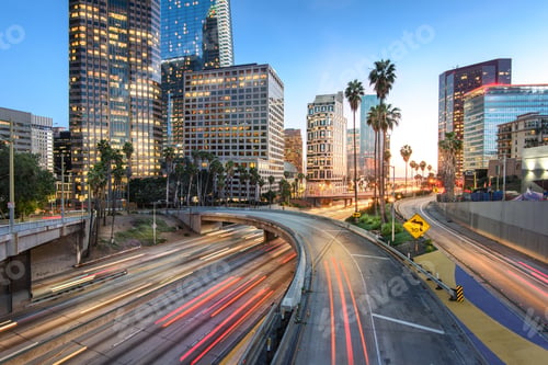 Preview: Downtown Los Angeles at sunset with car traffic light trails