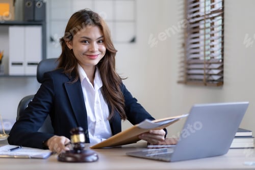 Preview: Attractive young lawyer in office Business woman and lawyers discussing contract papers with brass s
