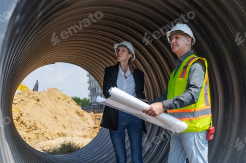 Preview: Two construction professionals in safety gear crouch inside a large drainage pipe