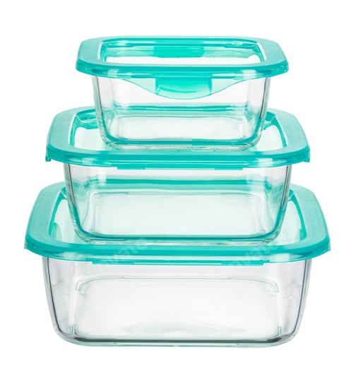 Preview: Close up of glass food containers isolated on white background