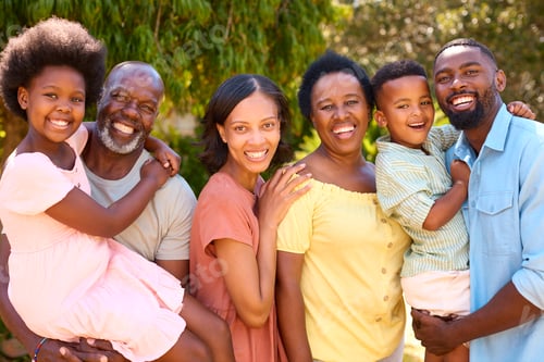 Preview: Portrait Of Laughing Three Generation Family Outdoors In Summer Countryside Or Garden
