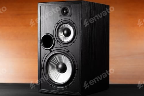 Preview: Photo of black music audio speaker. Close-up.