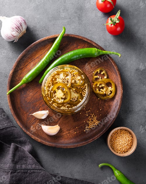 Preview: Jalapeno hot pepper, sliced in a jar with spices on a wooden plate with fresh vegetables o