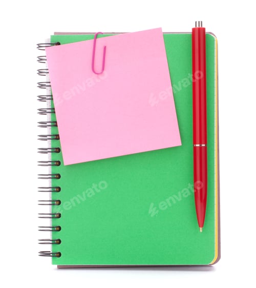 Preview: notebook with notice paper and pen